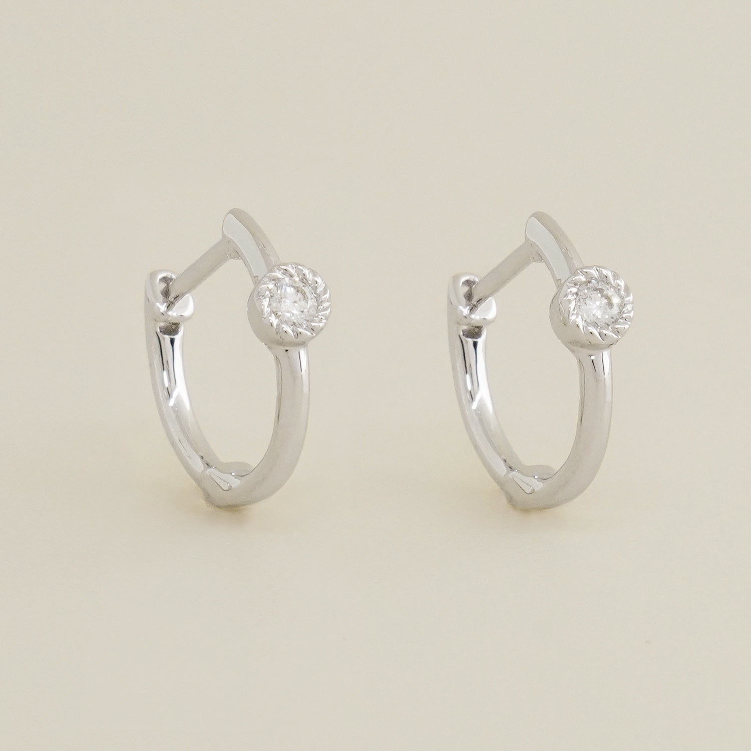 14K Solid Gold 0.07ctw Bazel Diamond Hoop Earrings