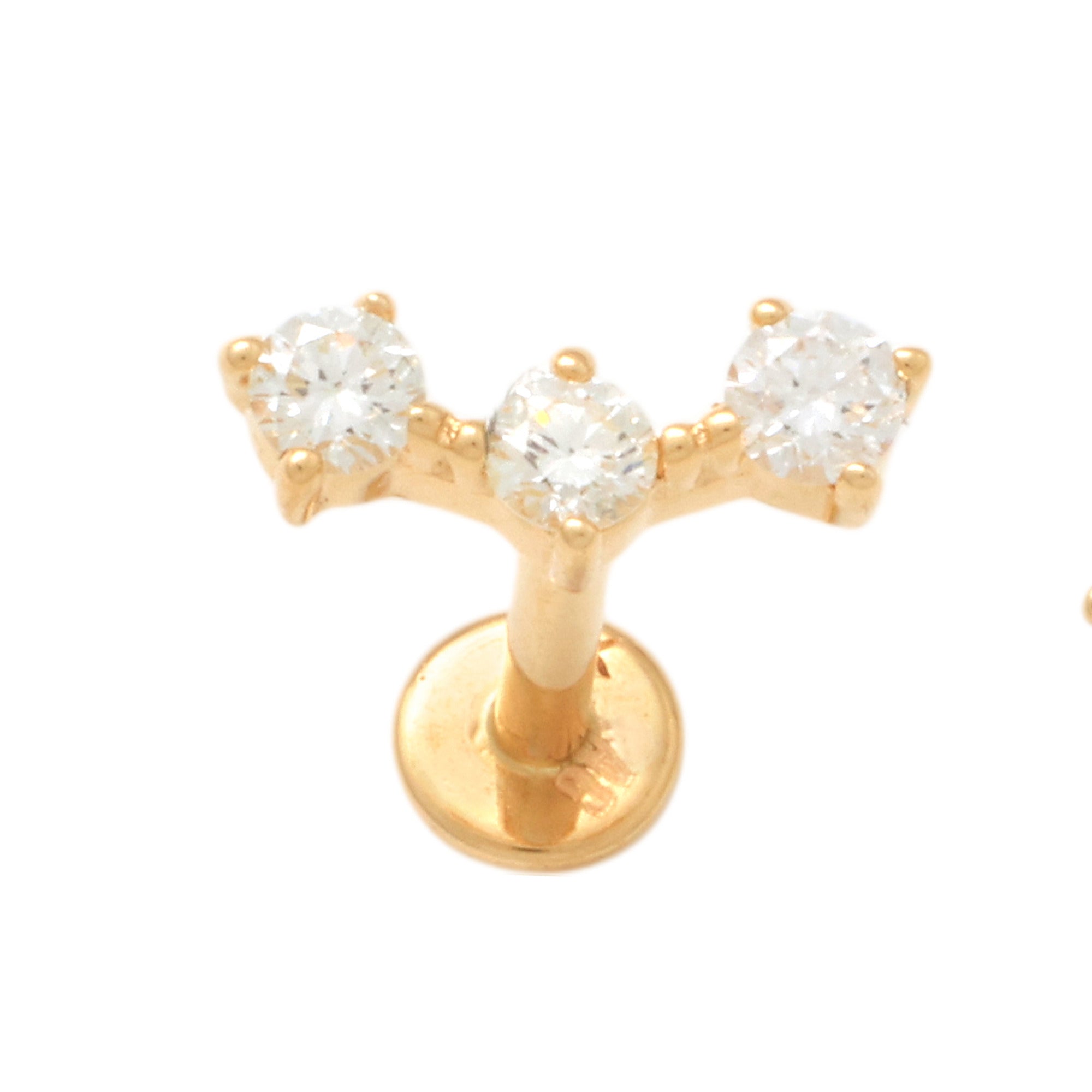 14K Solid Gold 0.069ctw Three Round Diamond Tragus Ear Piercing 18gauge - More Size Option