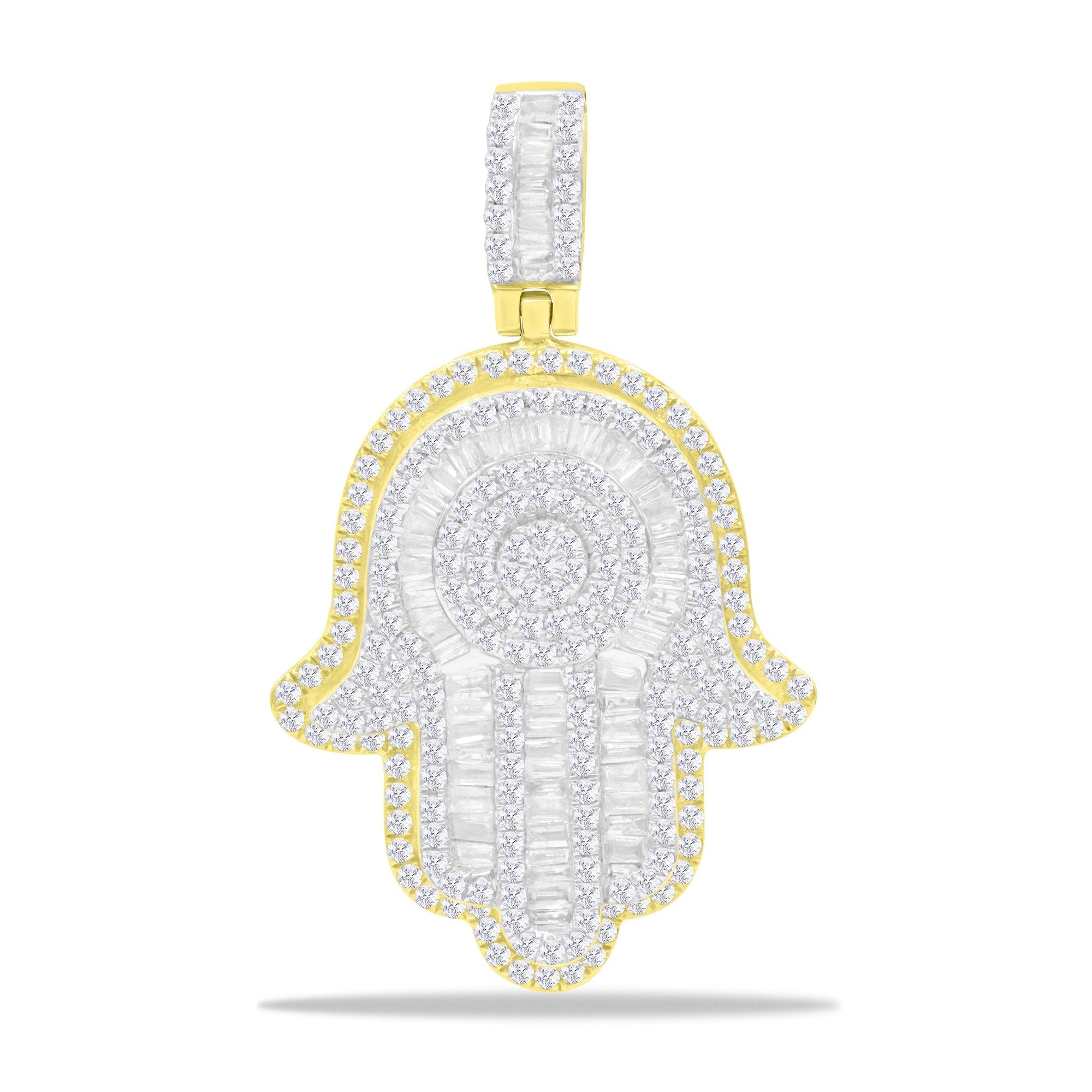 14K Solid Gold 1.40ctw Baguette & Round Brilliant Diamond Hamsa Pendant