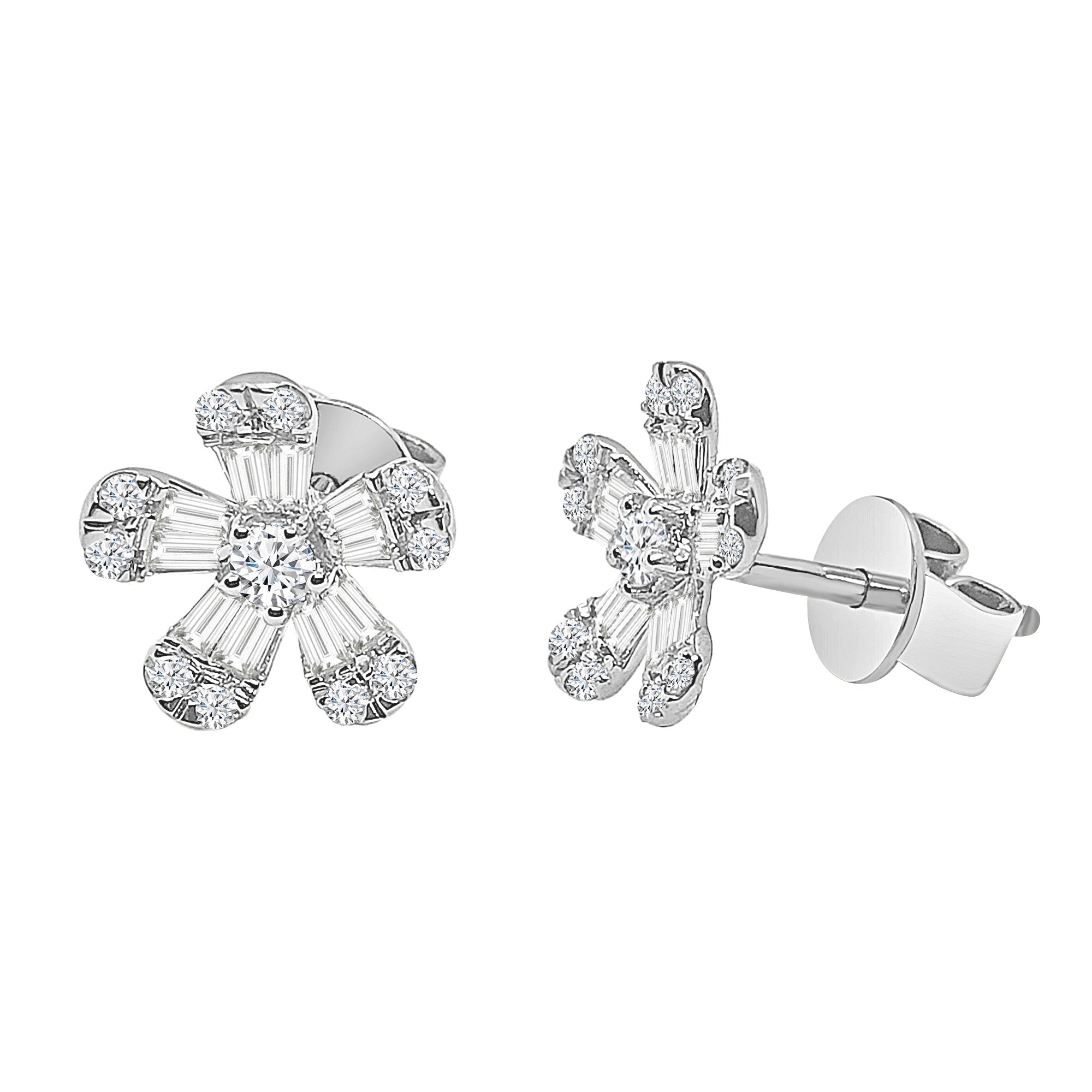 14K Solid Gold 0.51ctw Baguette & Round Brilliant Diamond Flower Stud Earrings