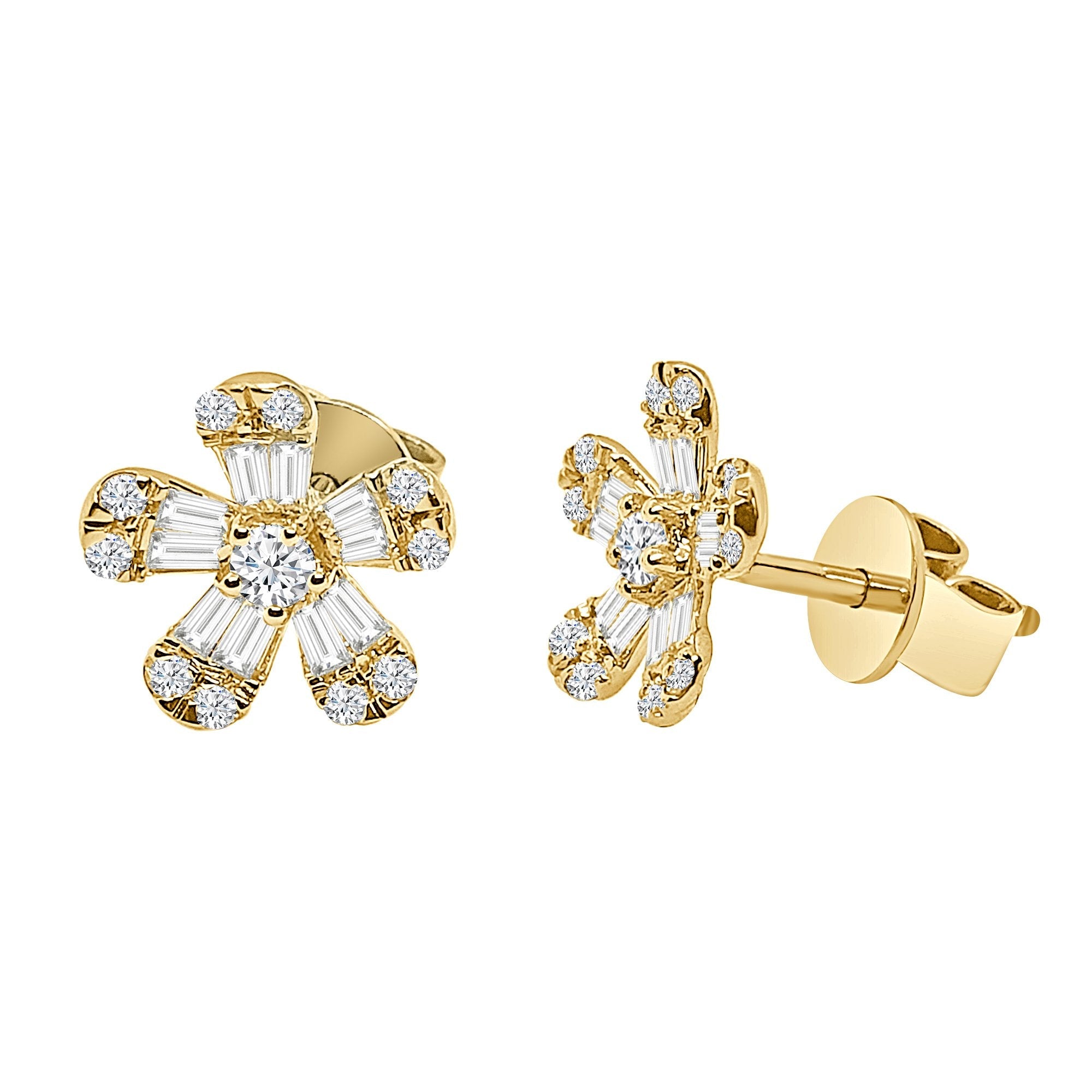 14K Solid Gold 0.51ctw Baguette & Round Brilliant Diamond Flower Stud Earrings