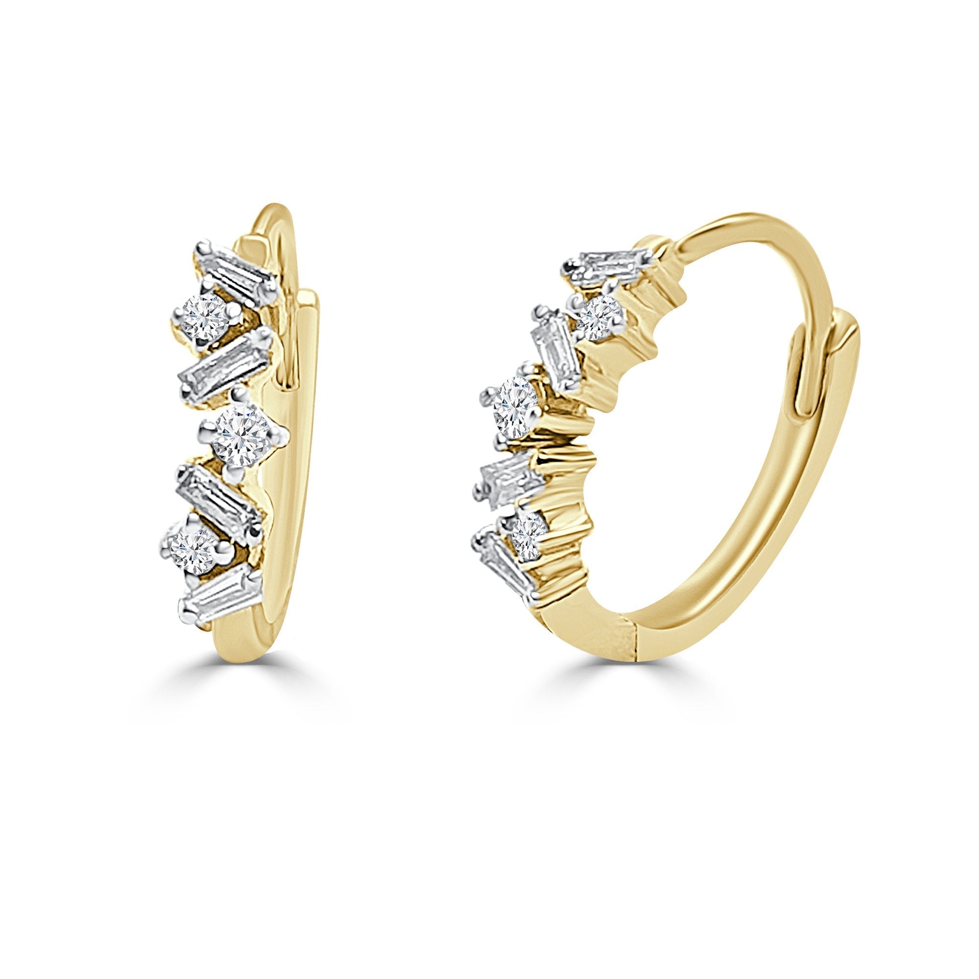 14K Solid Gold 0.14ctw Baguette & Round Brilliant Diamond Hoop Earrings
