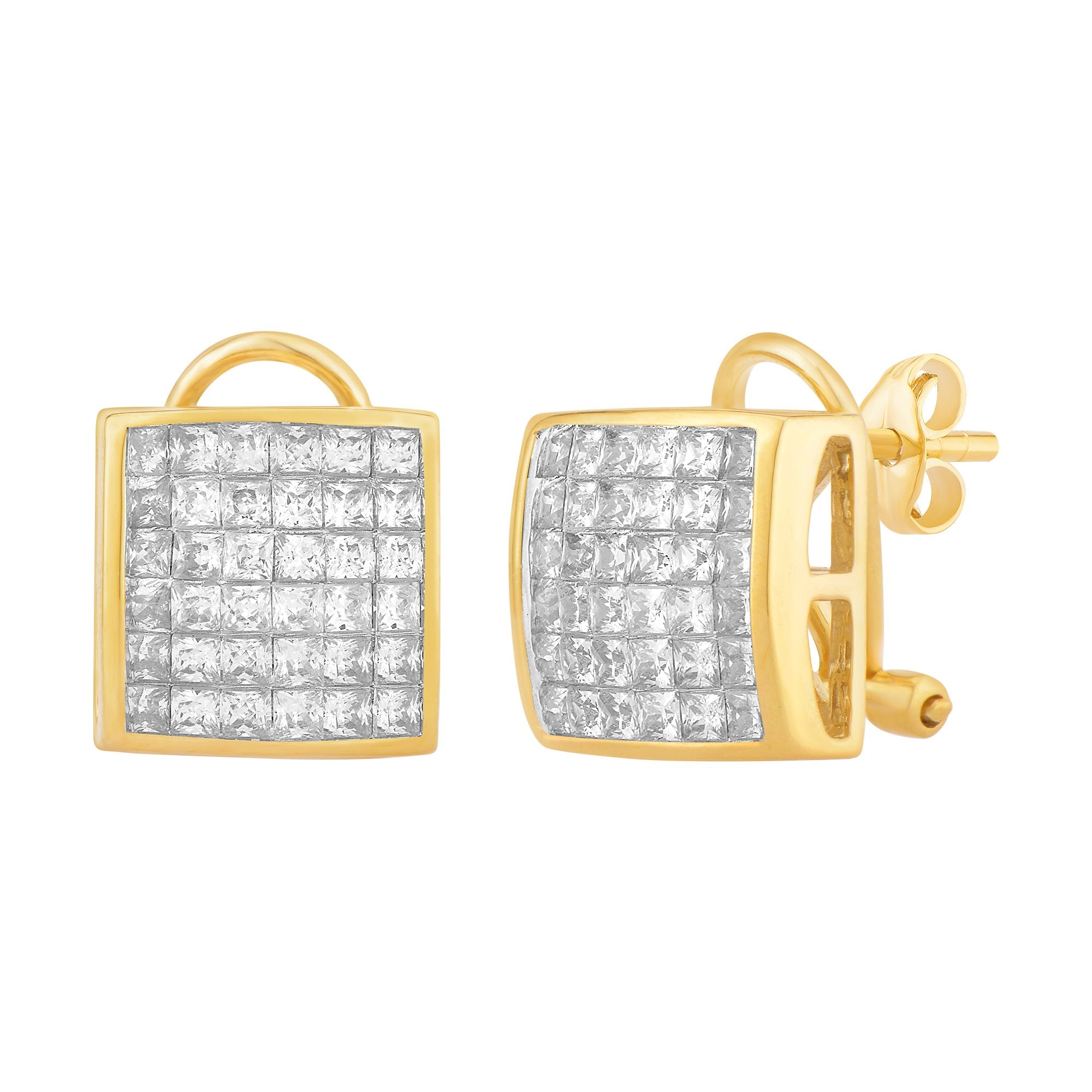 14K Solid Gold, Princess cut Diamond Dome shape Stud earrings (1.98ctw )