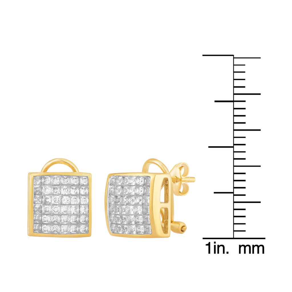 14K Solid Gold, Princess cut Diamond Dome shape Stud earrings (1.98ctw )
