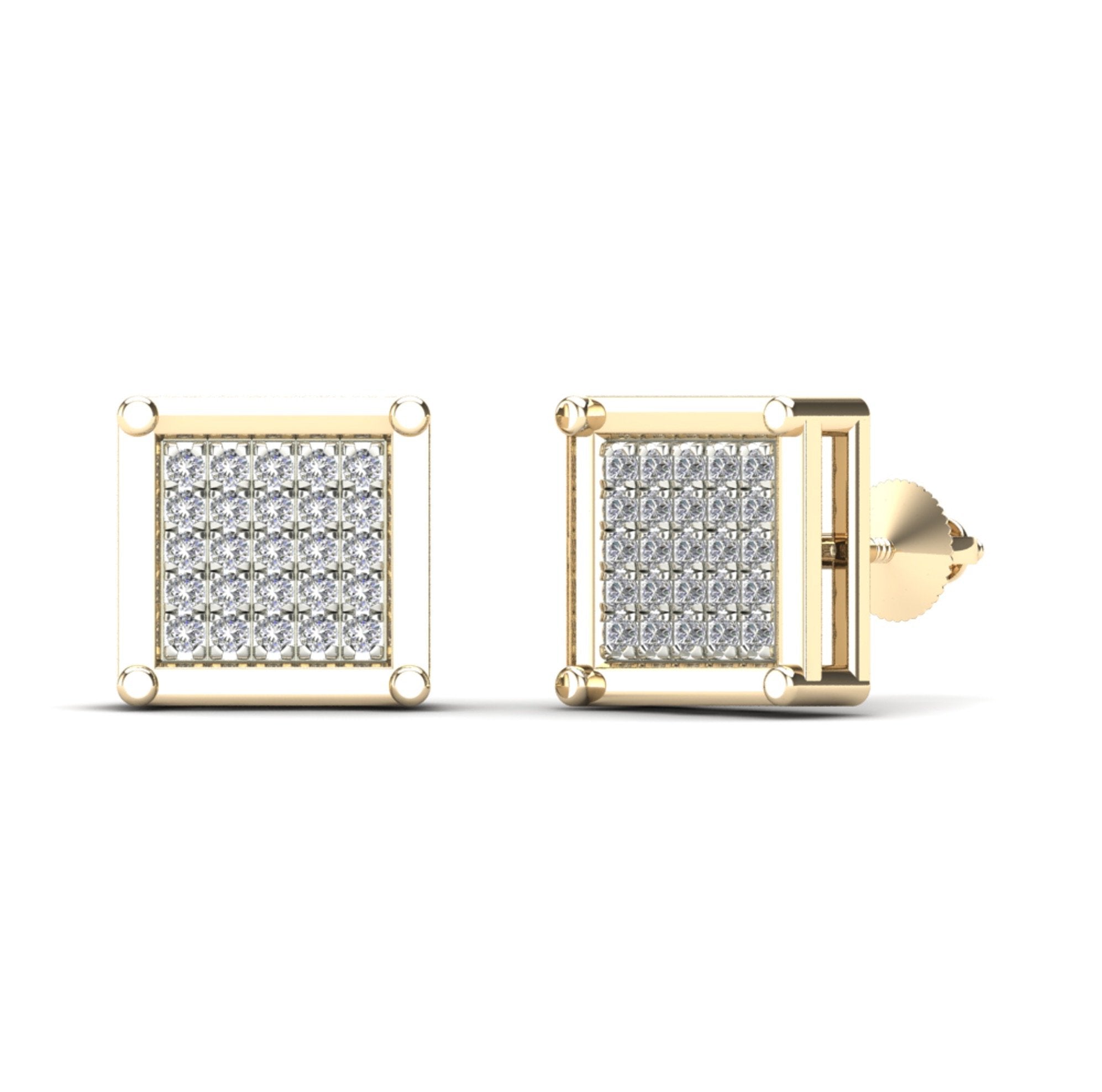 14K Solid Gold 0.16ctw Diamond Pave Set Square Shaped Screw Back Stud Earring