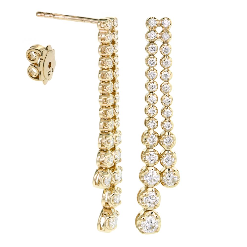 14K Solid Gold 1.03ctw Diamond Round Brilliant Drop Tassel Layered Dangle Stud Earrings