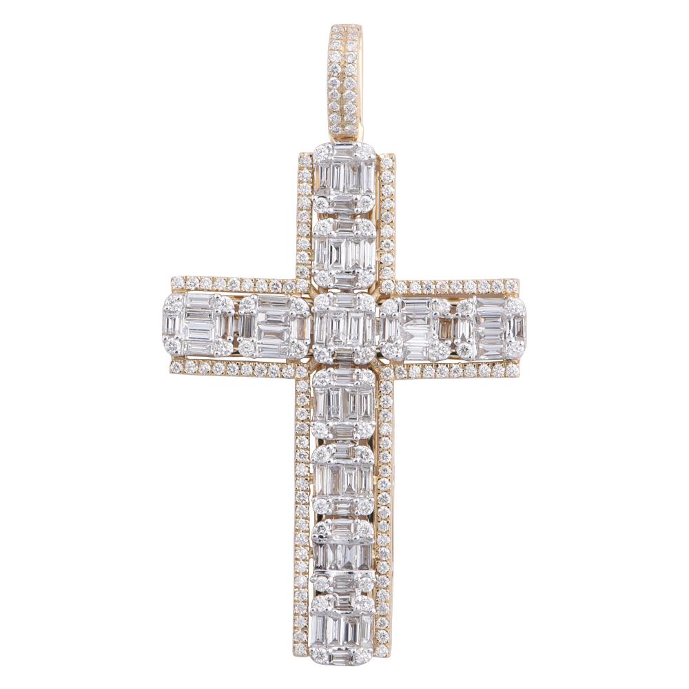 14K Solid Gold 1.85ctw Baguette Diamond Cross Pendant