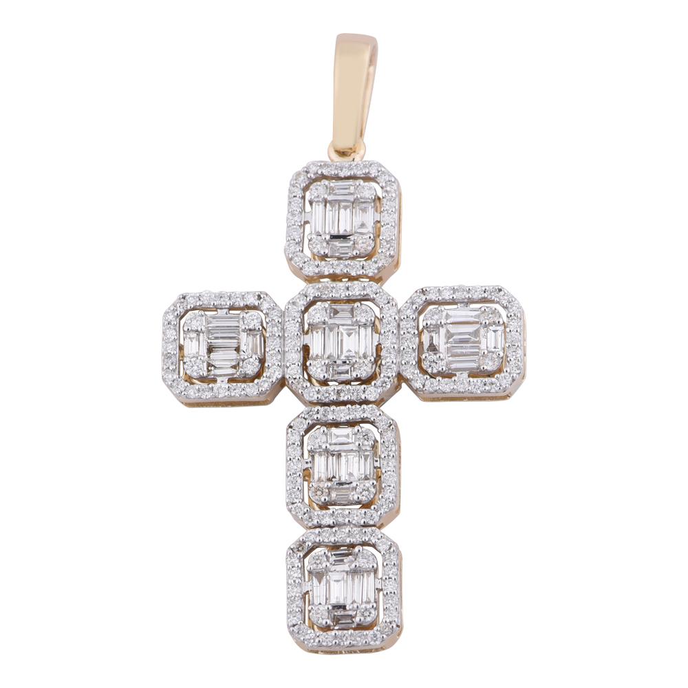 14K Solid Gold 1.34ctw Baguette & Round Brilliant Diamond Cross Pendant