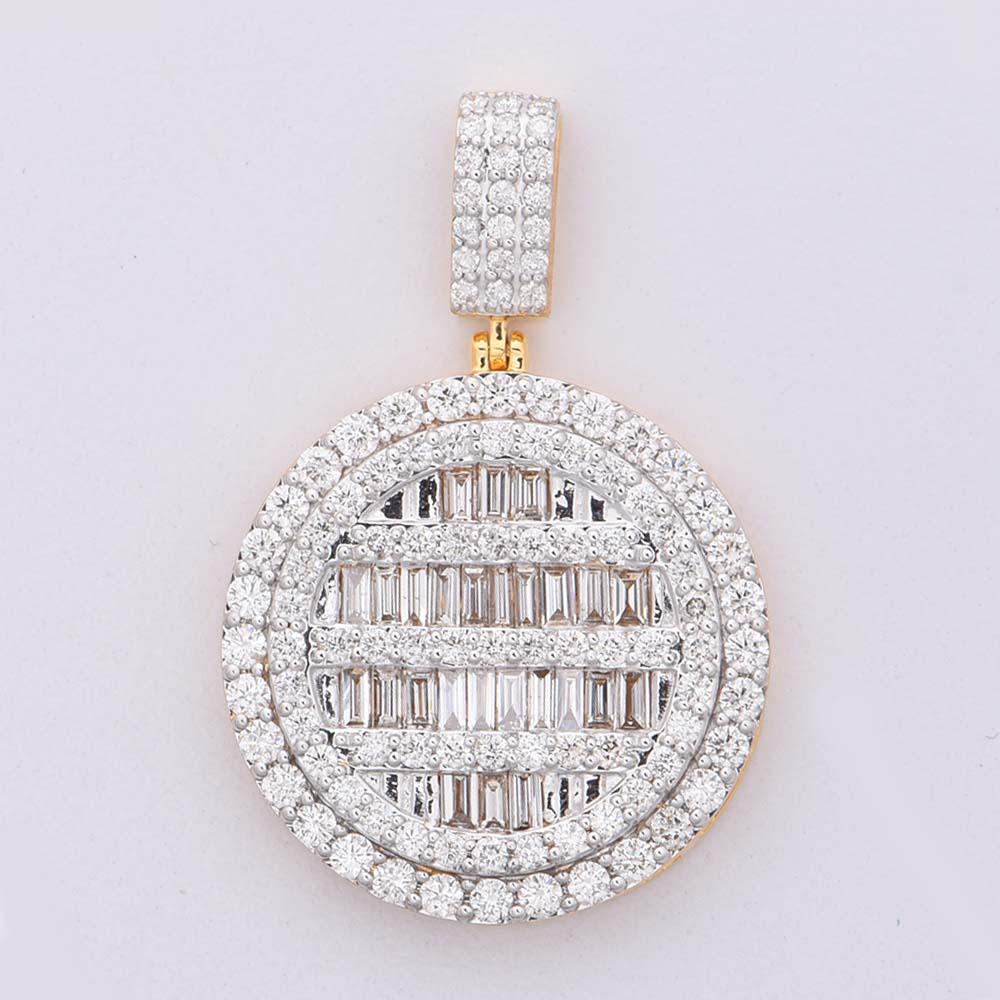 14K Solid Gold 2.26ctw Baguette & Round Brilliant Diamond Iced Out Round Circle Medallion Pendant