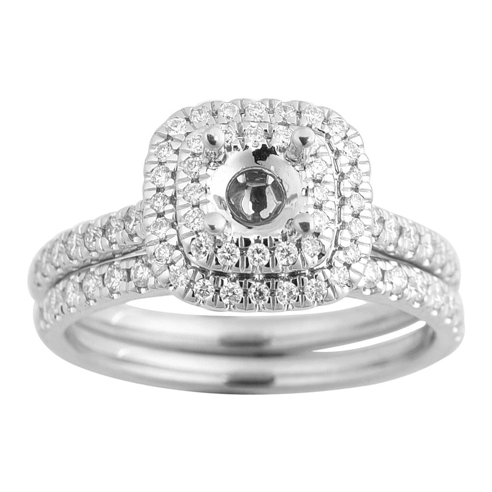 14K Solid Gold 0.53ctw Cushion Halo Diamond Double Band Engagement Ring