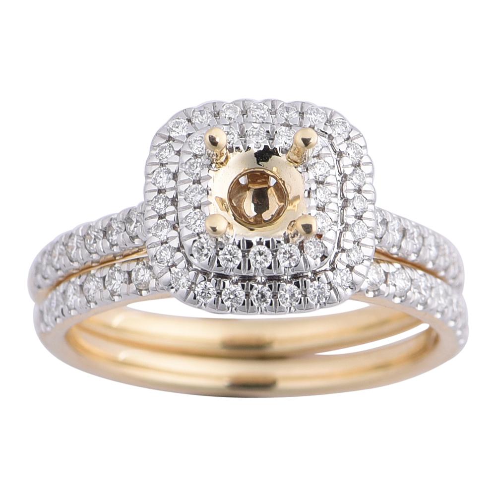 14K Solid Gold 0.53ctw Cushion Halo Diamond Double Band Engagement Ring