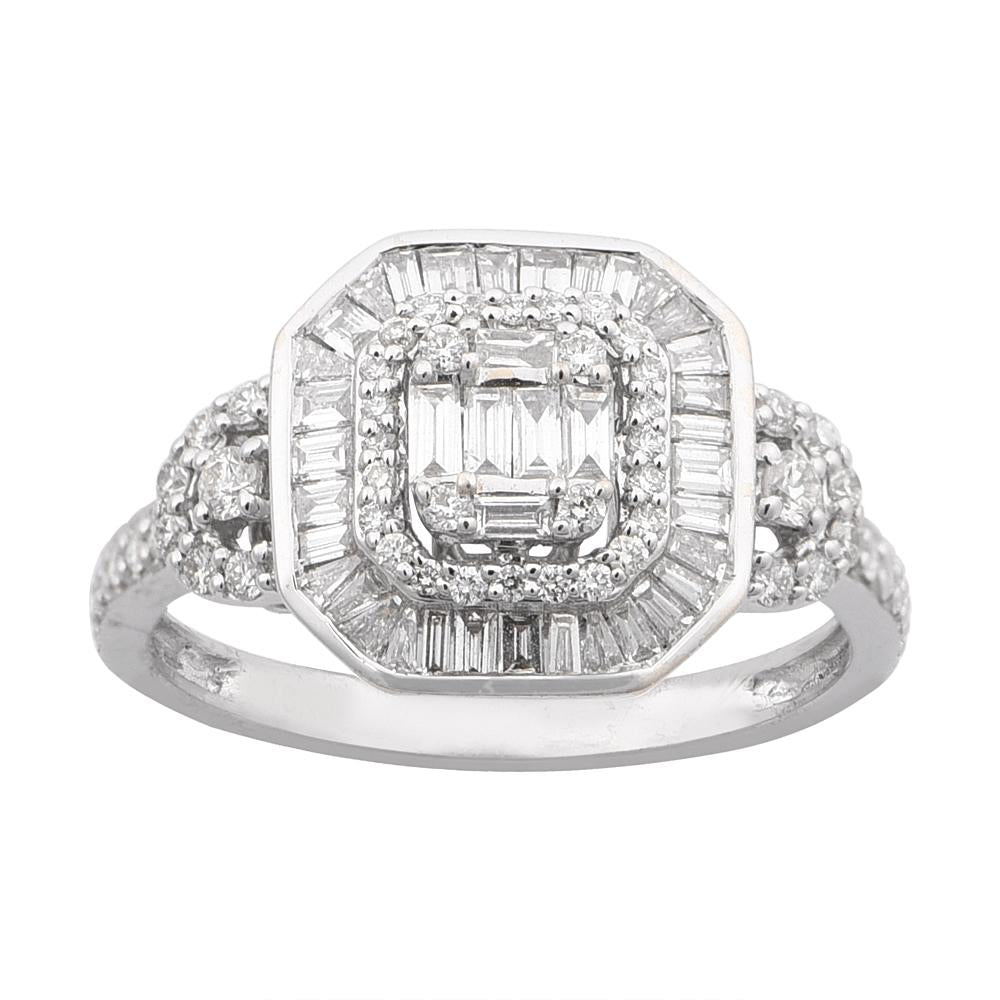 14K Solid Gold 0.67ctw Baguette & Round Brilliant Diamond Halo Engagement Ring