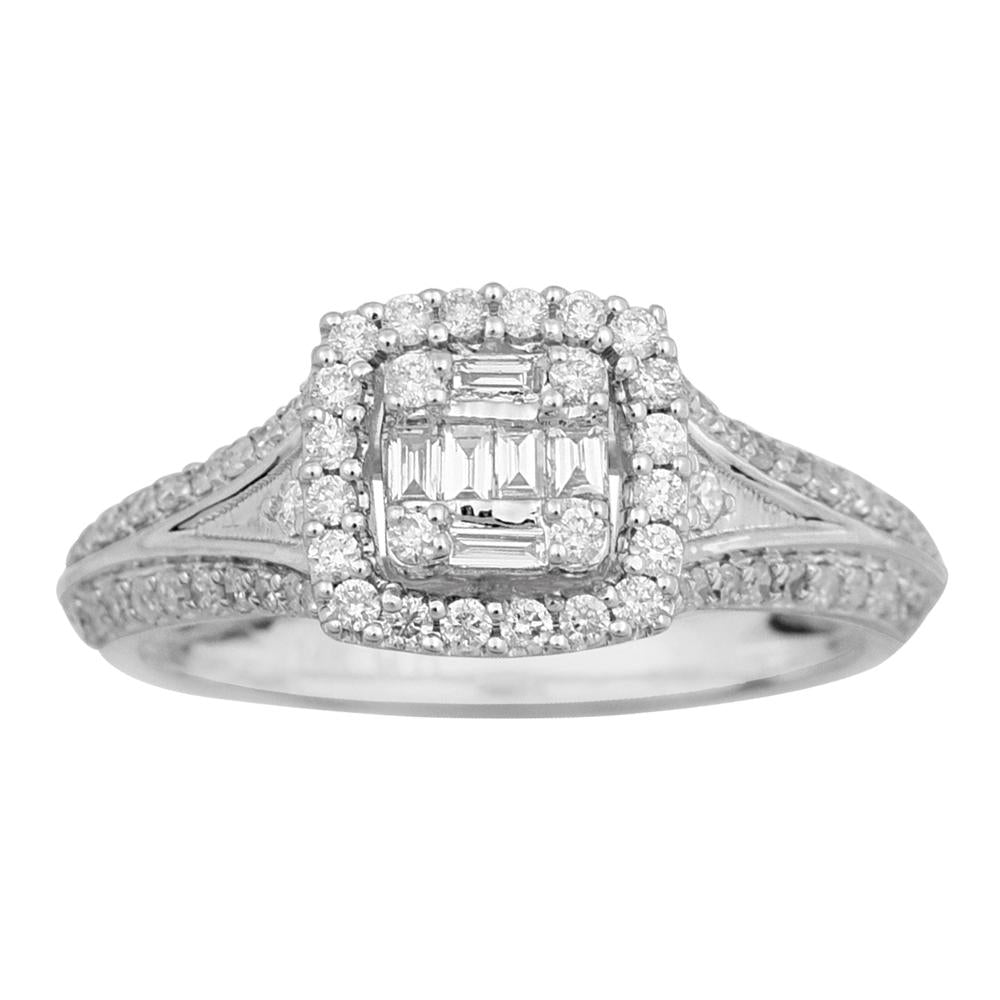 14K Solid Gold 0.61ctw Baguette & Round Brilliant Diamond Engagement Ring