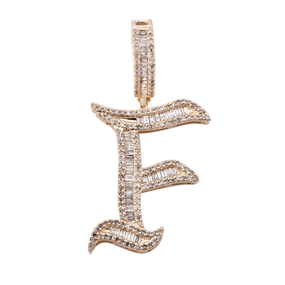 14K Solid Gold 0.71ctw Baguette & Round Brilliant Diamond Initial "F" Pendant