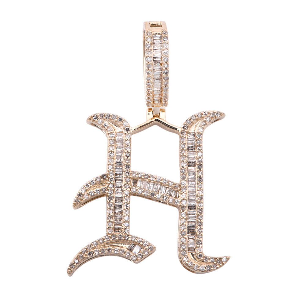 14K Solid Gold 0.87ctw Baguette, Tappers & Round Brilliant Diamond Initial "H" Pendant