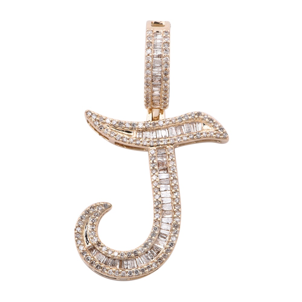 14K Solid Gold 0.83ctw Baguette, Tappers & Round Brilliant Diamond Initial "J" Pendant