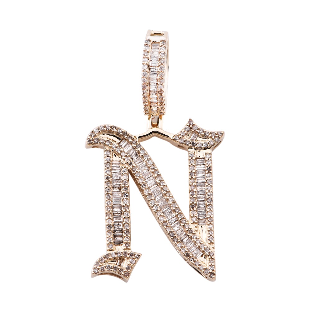 14K Solid Gold 0.87ctw Baguette, Tappers & Round Brilliant Diamond Initial "N" Pendant