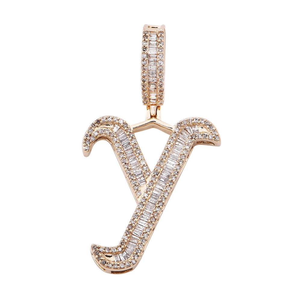 14K Solid Gold 0.74ctw Baguette, Tappers & Round Brilliant Diamond Initial "Y" Pendant