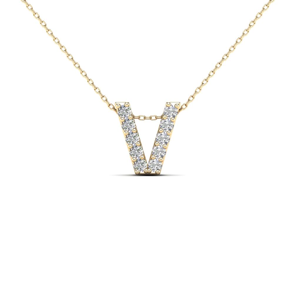 14K Solid Gold 0.09ctw Diamond Initial "V" Pendant Necklace