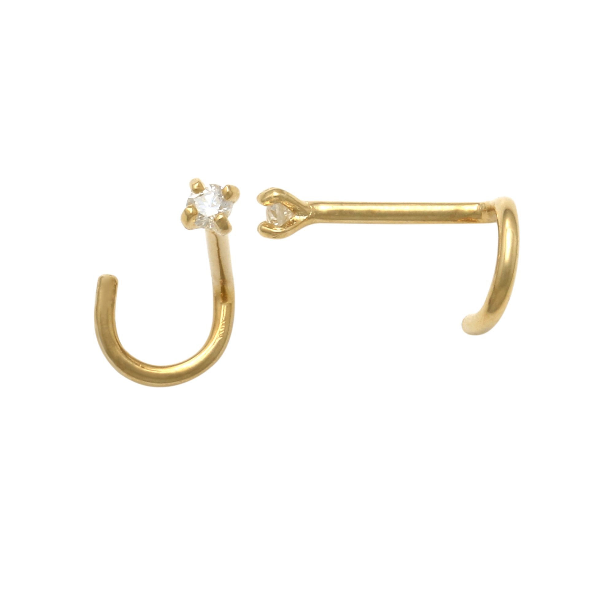 14K Solid Gold 0.017ctw / 0.035ctw Diamond Nose Curve Ring 20gauge - More Size Option