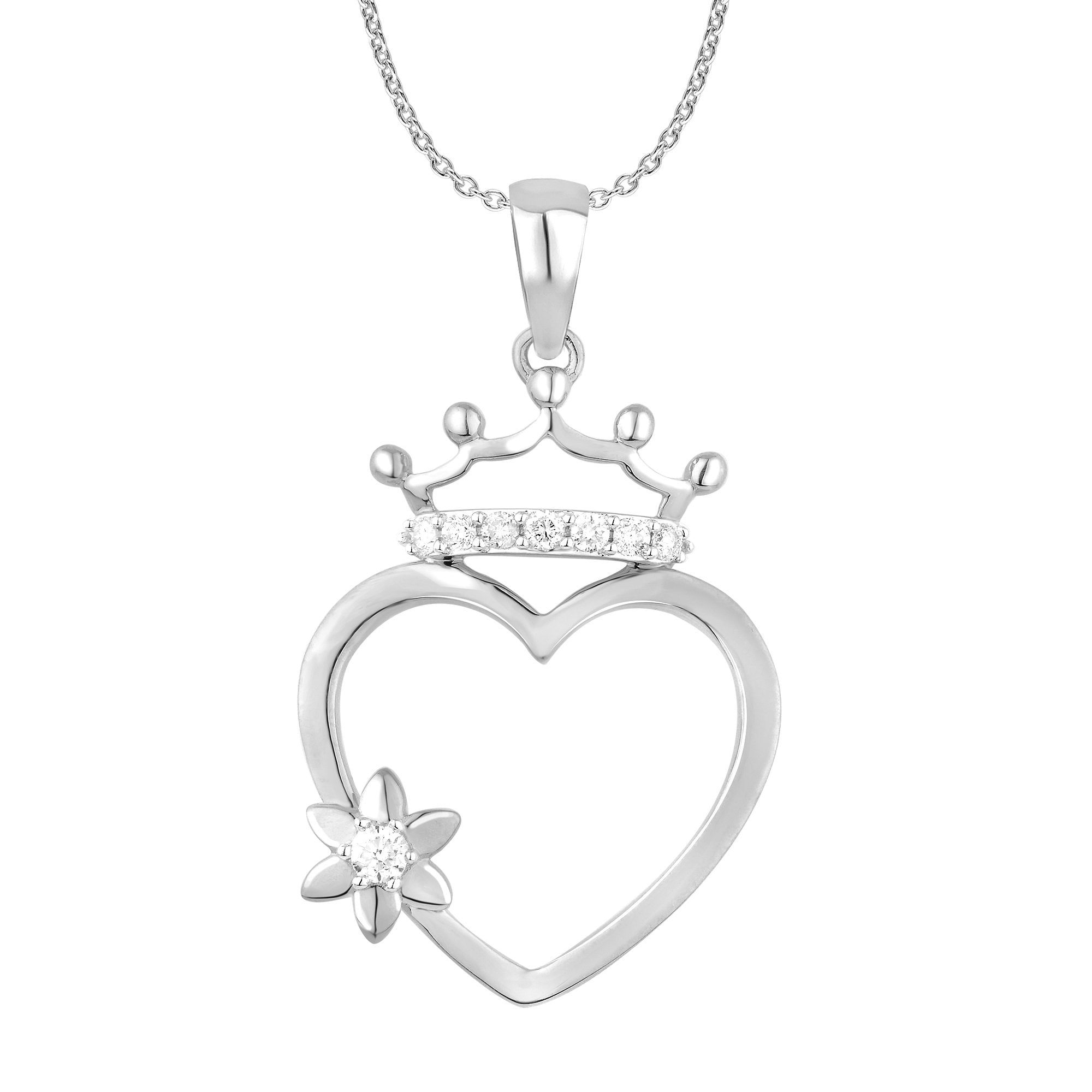 14K Solid Gold 0.16ctw Diamond Heart Crown Pendant