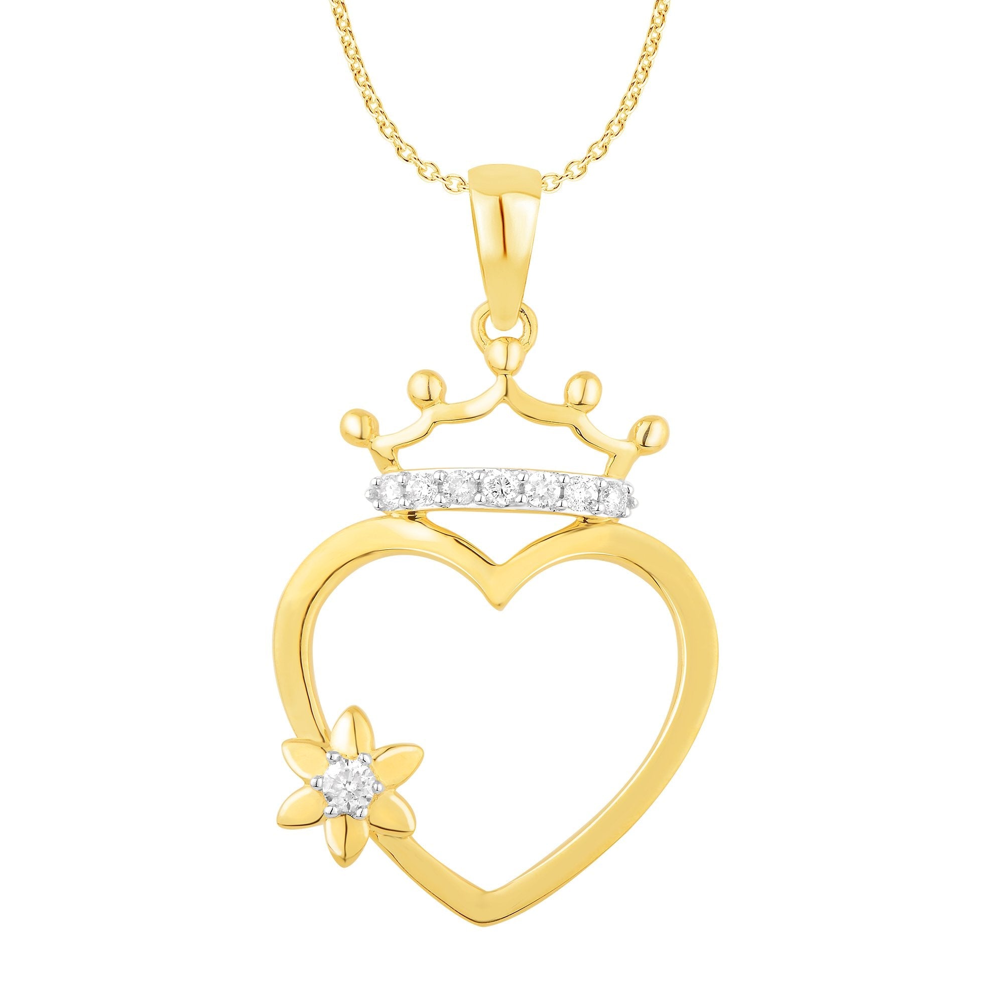 14K Solid Gold 0.16ctw Diamond Heart Crown Pendant