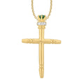 14K Solid Gold 0.11ctw Emerald & Diamond Crown Cross Pendant