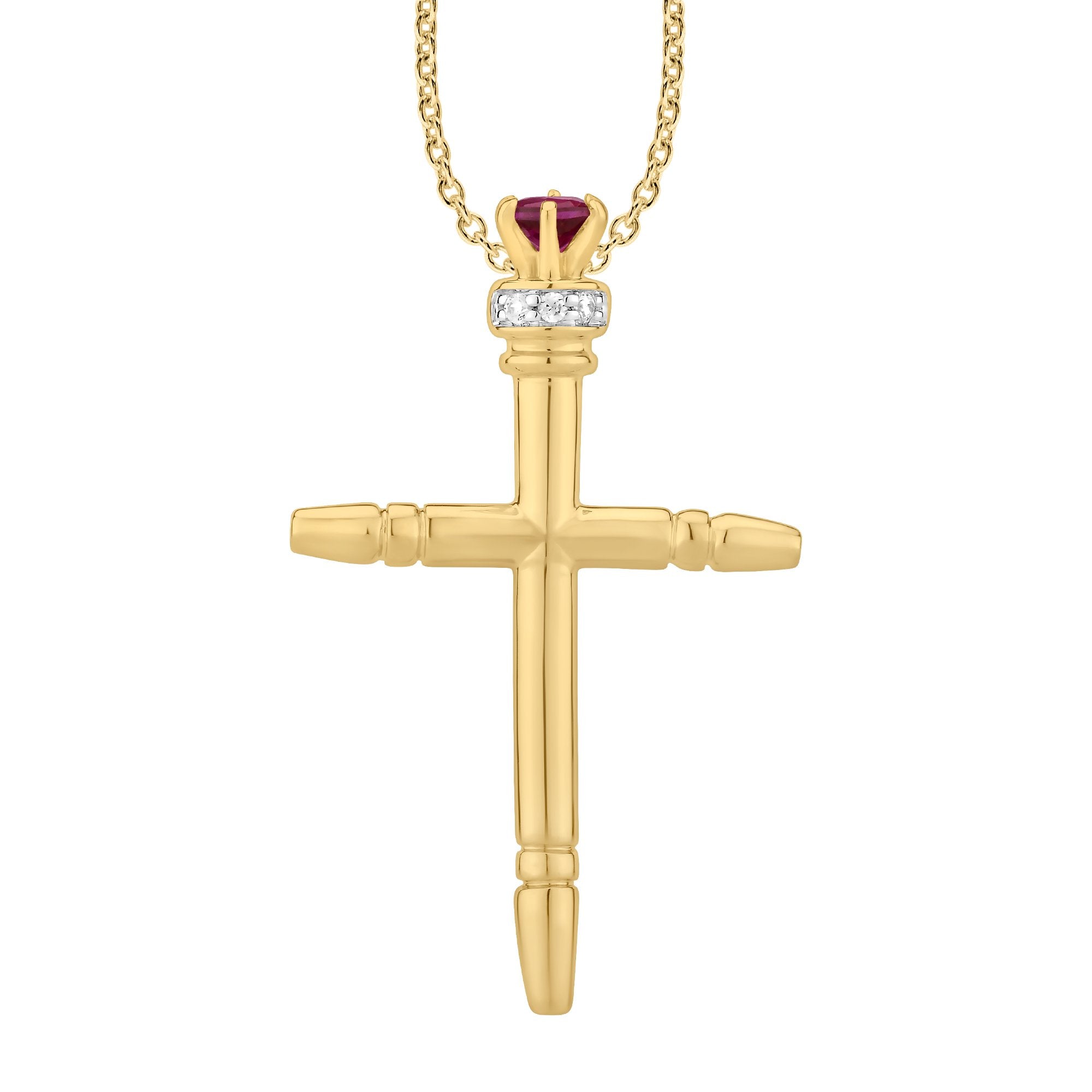 14K Solid Gold 0.15ctw Ruby & Diamond Crown Cross Pendant