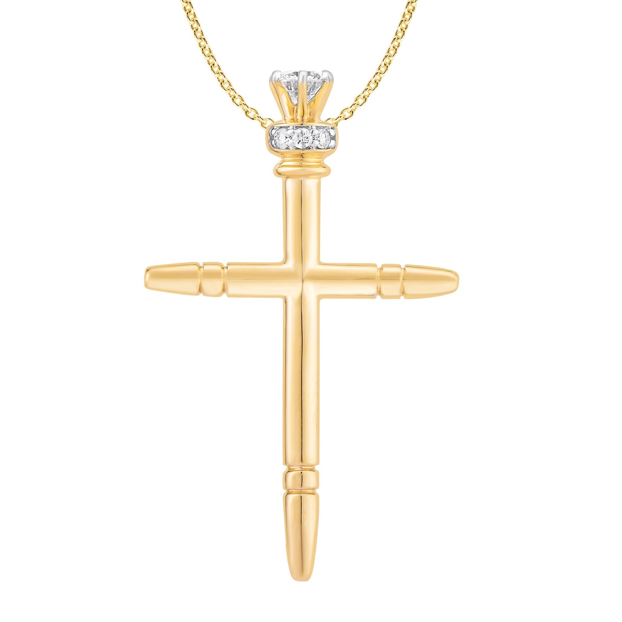 14K Solid Gold 0.13ctw Diamond Crown Cross Pendant