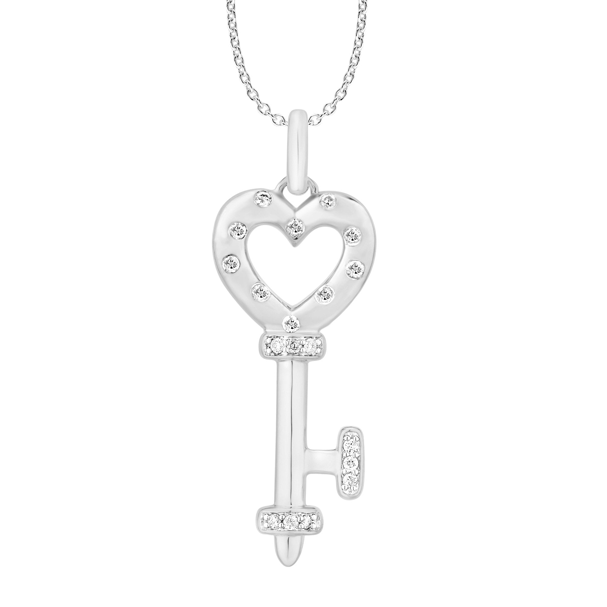 14K Solid Gold 0.15ctw Diamond Open Heart Key Pendant