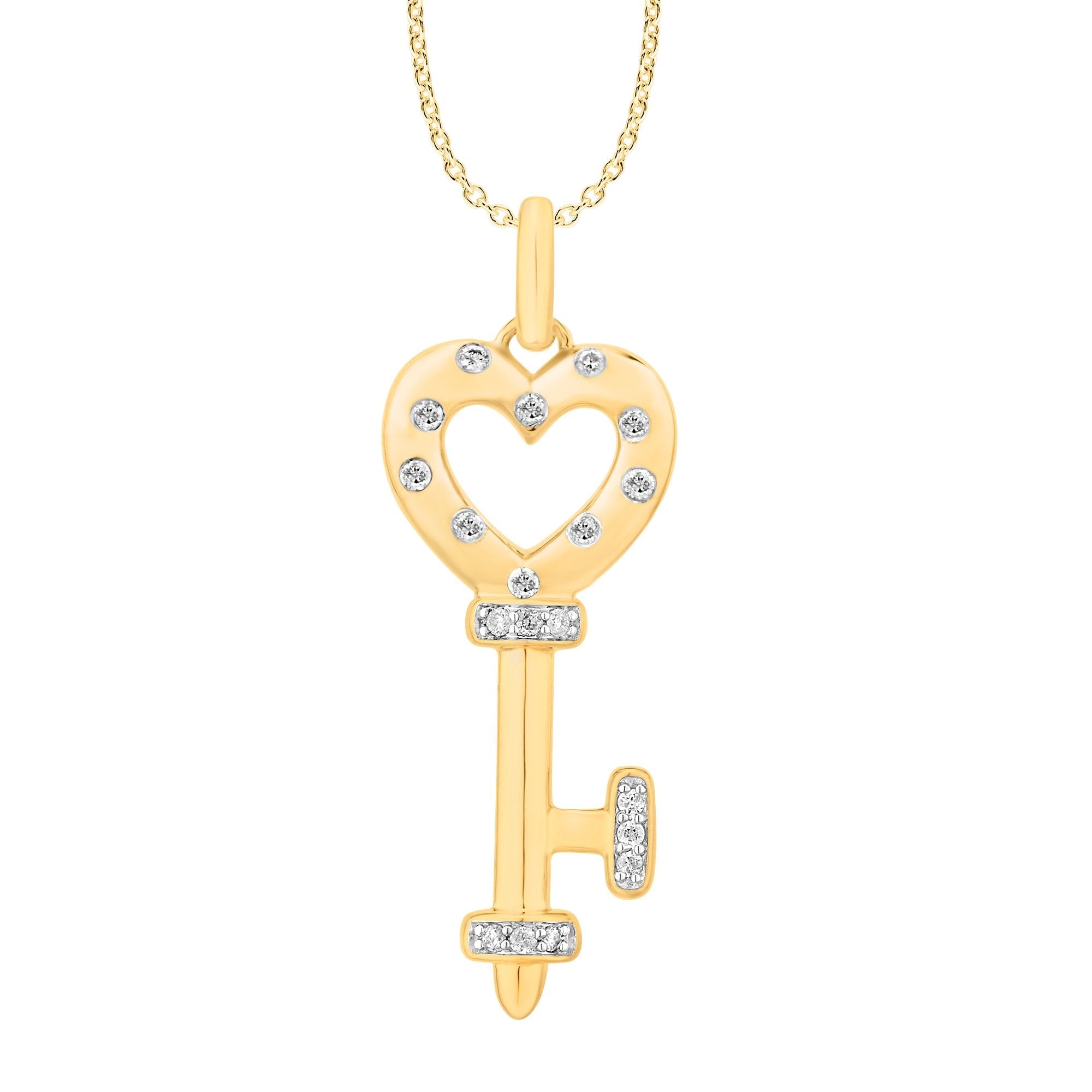 14K Solid Gold 0.15ctw Diamond Open Heart Key Pendant