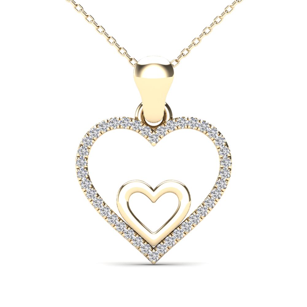 14K Solid Gold 0.08ctw Diamond Double Heart Pendant
