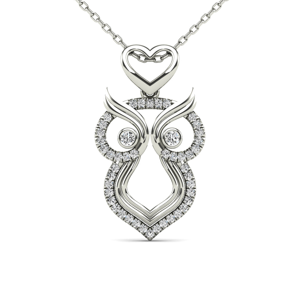 14K Solid Gold 0.13ctw Diamond Owl Pendants