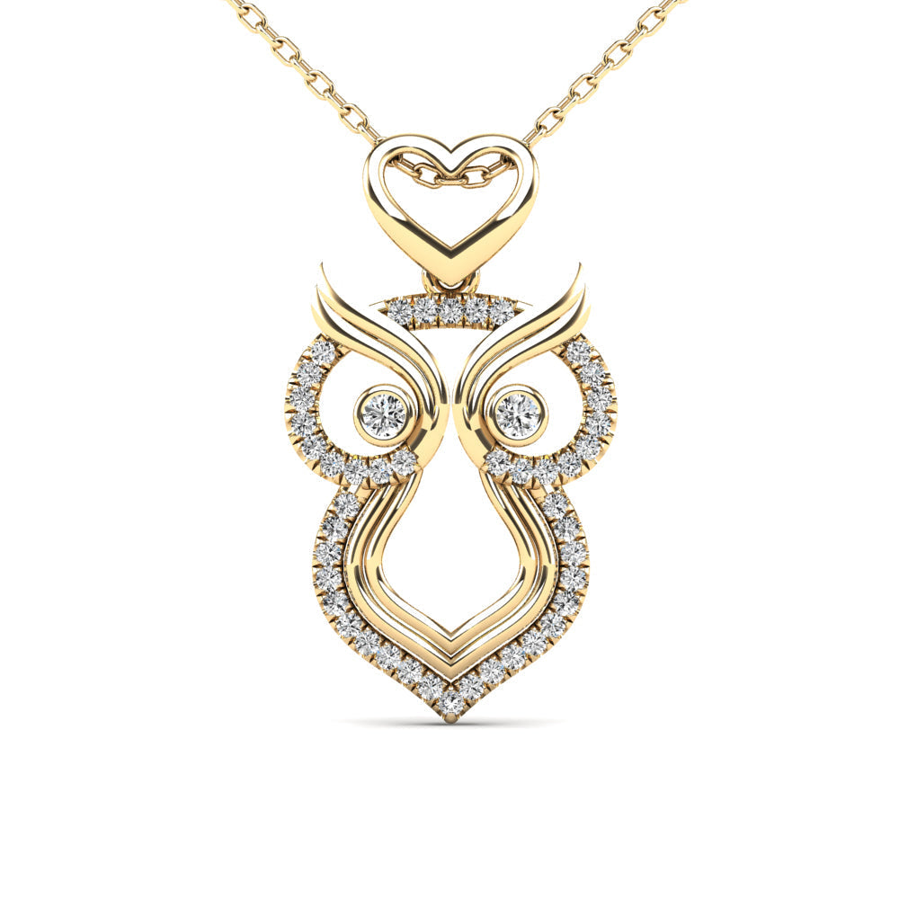 14K Solid Gold 0.13ctw Diamond Owl Pendants