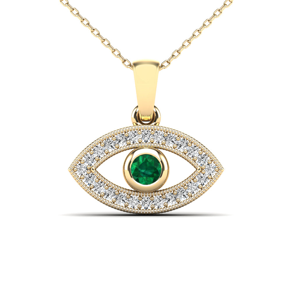 14K Solid Gold 0.13ctw Diamond, Blue Sapphire, Emerald Evil Eye Pendant