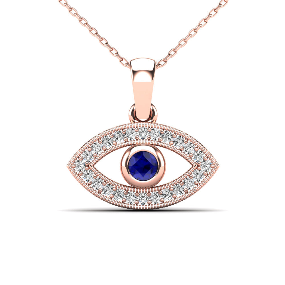 14K Solid Gold 0.13ctw Diamond, Blue Sapphire, Emerald Evil Eye Pendant