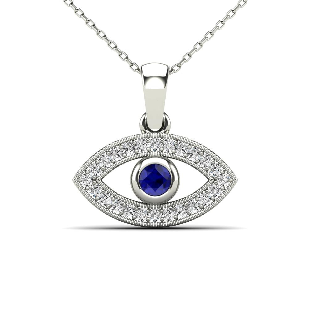 14K Solid Gold 0.13ctw Diamond, Blue Sapphire, Emerald Evil Eye Pendant