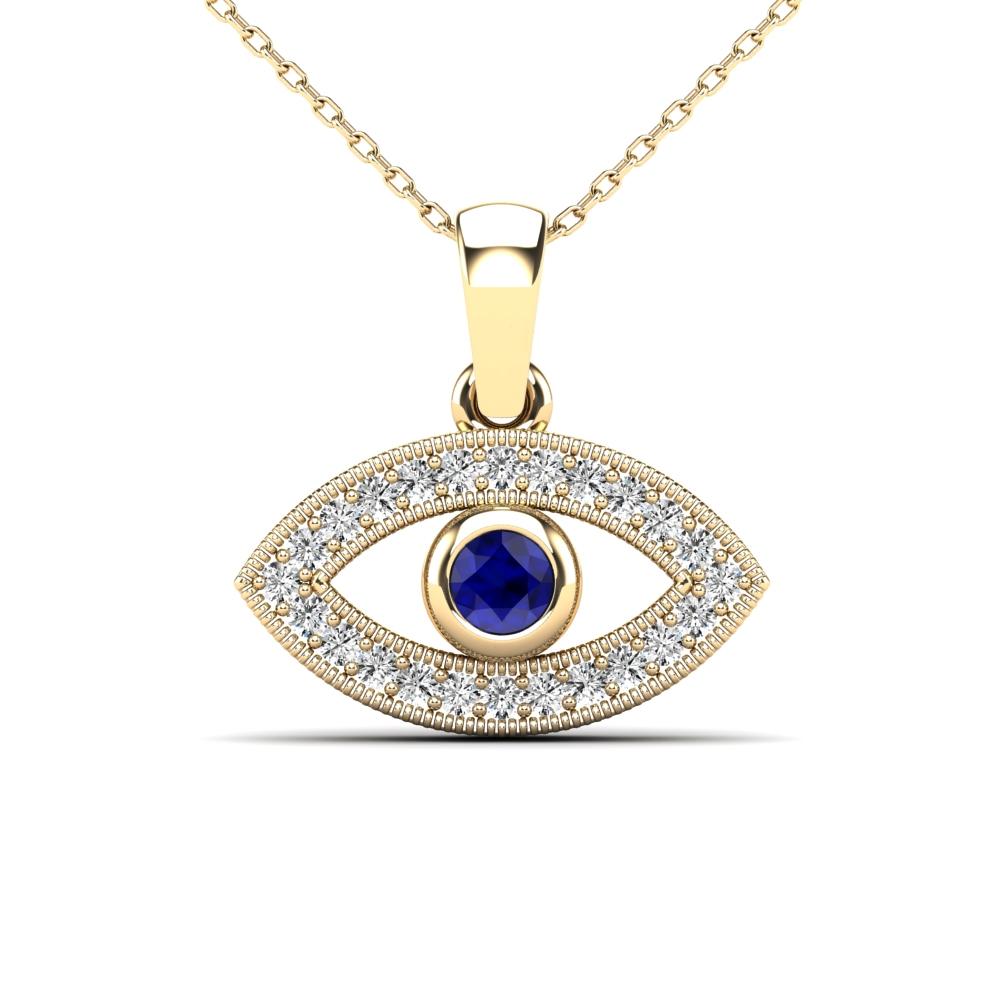 14K Solid Gold 0.13ctw Diamond, Blue Sapphire, Emerald Evil Eye Pendant