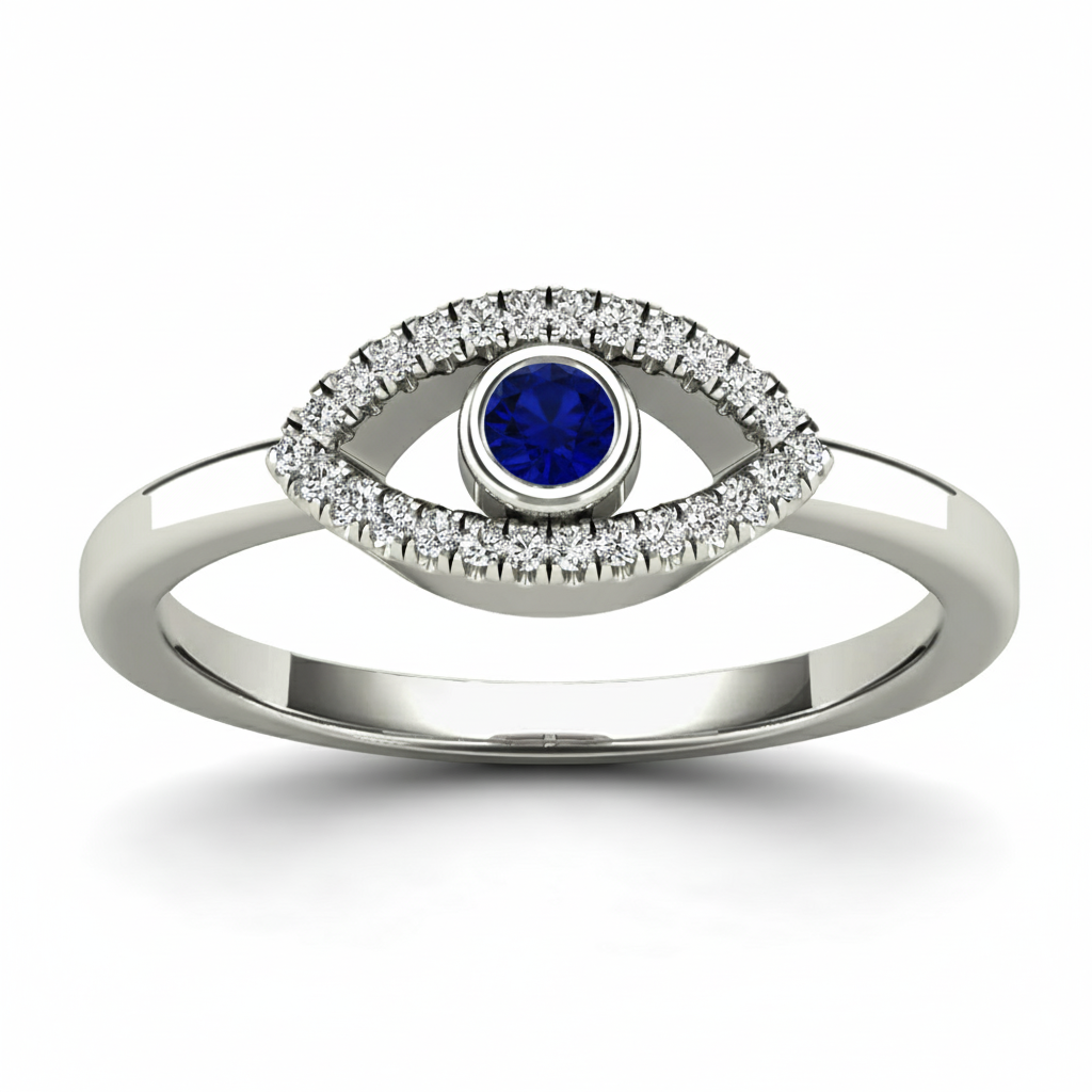 14K Solid Gold 0.18ctw Diamond, Blue Sapphire evil eye Womens Rings