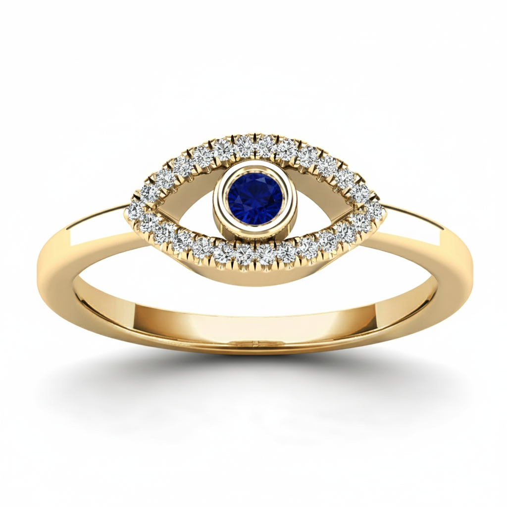 14K Solid Gold 0.18ctw Diamond, Blue Sapphire evil eye Womens Rings