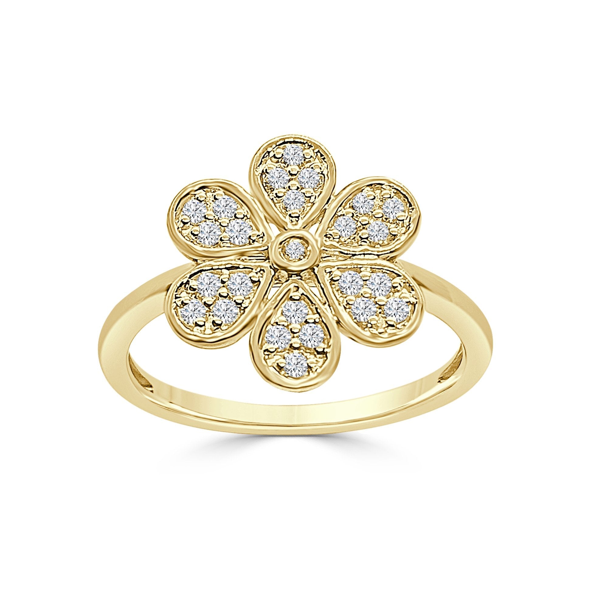 14K Solid Gold 0.24ctw Diamond Flower Womens Statement Ring